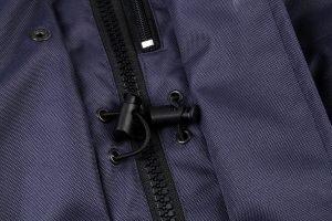 Durable navy blue workwear jacket with sturdy zipper and adjustable toggle for professional uniforms. Perfect for industrial and corporate environments requiring functional work clothing.