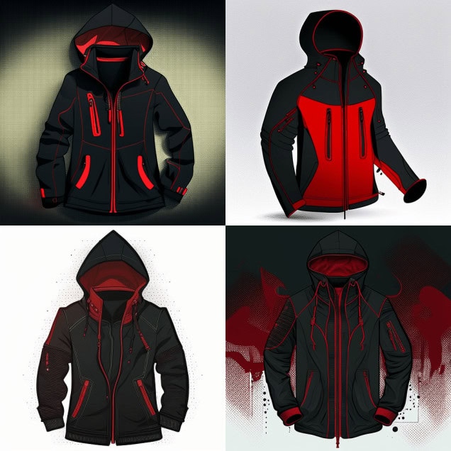 Stylish black and red hooded jackets with multiple zippered pockets, designed for outdoor and workwear use, emphasizing durability and modern fashion.