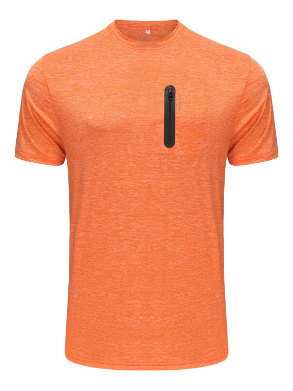 Breathable orange athletic T-shirt with black zippered chest pocket, ideal for sports and workwear uniforms.