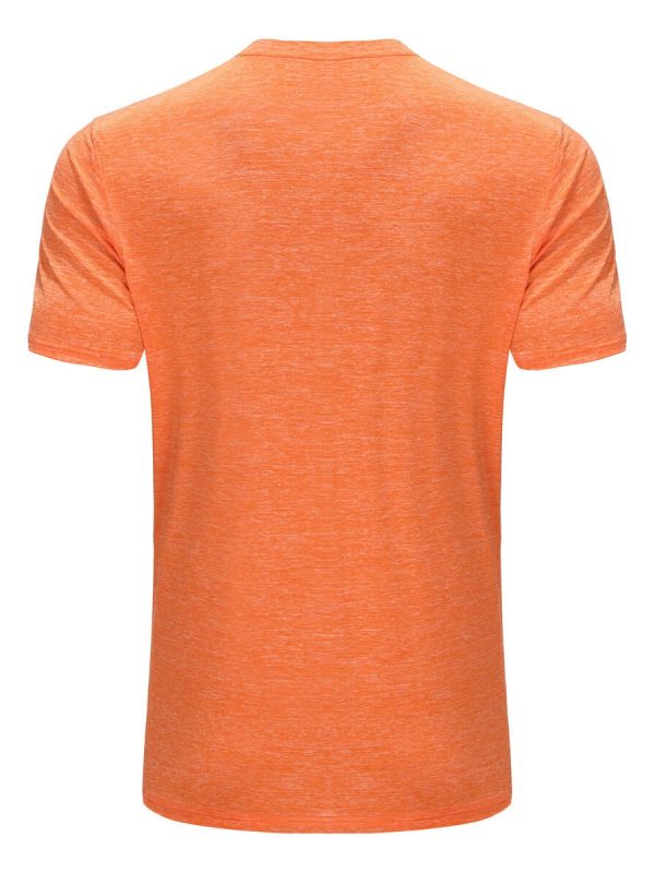 Comfortable orange custom sports T-shirt made from moisture-wicking fabric, ideal for work and athletic wear. Perfect for businesses seeking personalized uniforms with high-quality material.