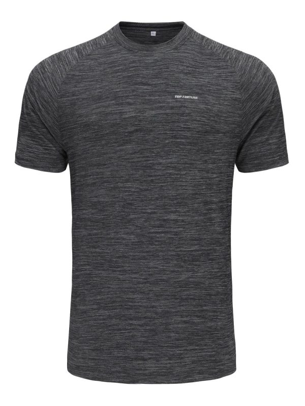 Soft black and gray athletic T-shirt with subtle horizontal stripes, featuring a small "True Fortune" logo on chest, designed for comfortable workwear or casual wear.