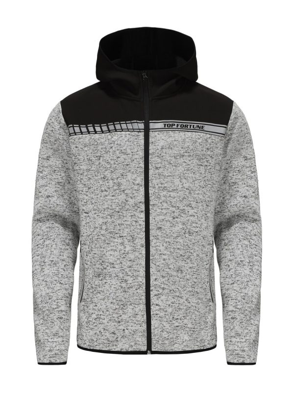 High-quality men's casual hoodie with a black and gray knit design, front zipper, and hood, ideal for workwear and leisure. Customizable options available from a leading Chinese manufacturer.