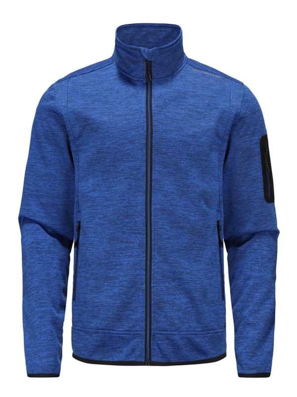 High-quality blue fleece jacket with full zipper, stand collar, and multiple pockets, ideal for workwear and outdoor uniforms. Durable, comfortable, custom-made for various industries.