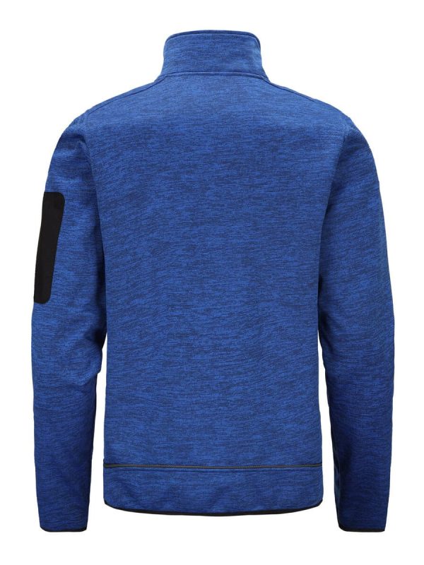 High-quality blue fleece jacket with black accents, perfect for customizable work uniforms and outdoor workwear. Designed for comfort, durability, and style. Custom branding available.