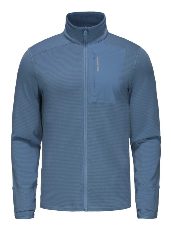 Light blue custom men's sports jacket with a front zipper and high collar, featuring breathable fabric and branding detail. Perfect for outdoor workwear or active duty.