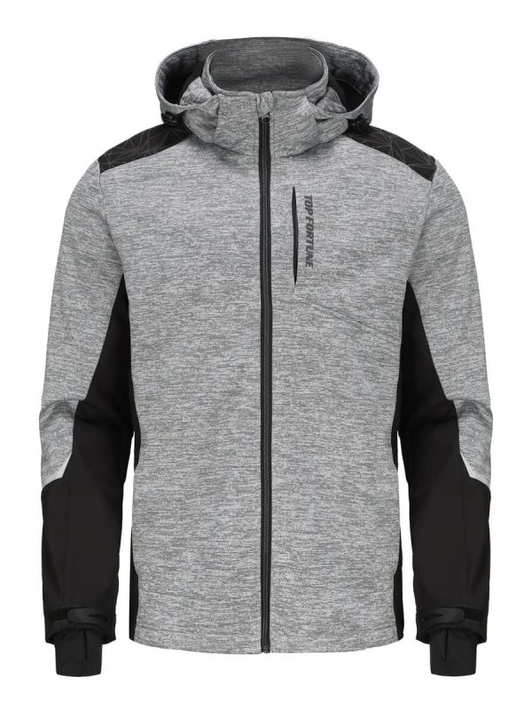 Performance grey and black hoodie with ergonomic design, adjustable hood, and moisture-wicking fabric for sports and outdoor activities. Custom branding options available for corporate apparel.