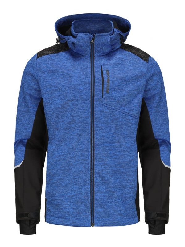 Breathable blue and black outdoor sports jacket with a high collar, multiple pockets, and durable fabric for activewear, outdoor activities, and sportswear customization.
