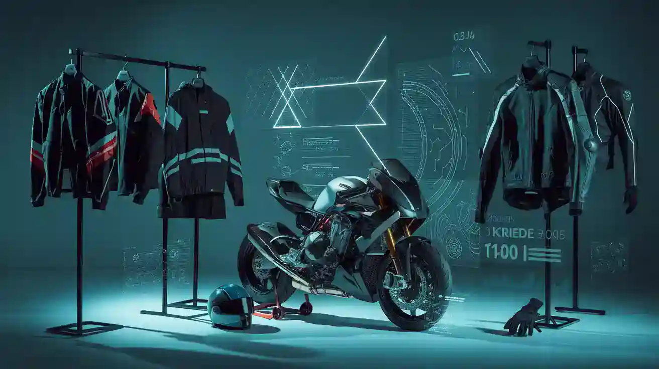High-tech motorcycle gear and customized uniforms display showcasing innovative workwear solutions from a Chinese manufacturer.