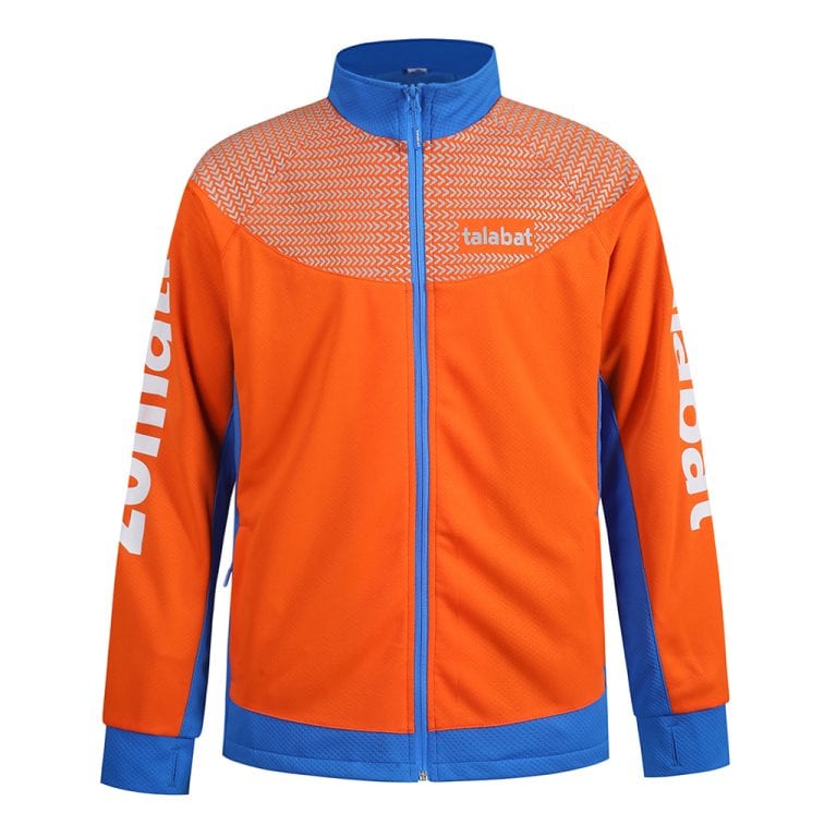 Chaqueta de trabajo naranja y azul brillante con la marca Talabat, tejido transpirable y cremallera frontal completa, ideal para el personal de hostelería o de reparto. Uniformes personalizables disponibles del fabricante chino Sha.