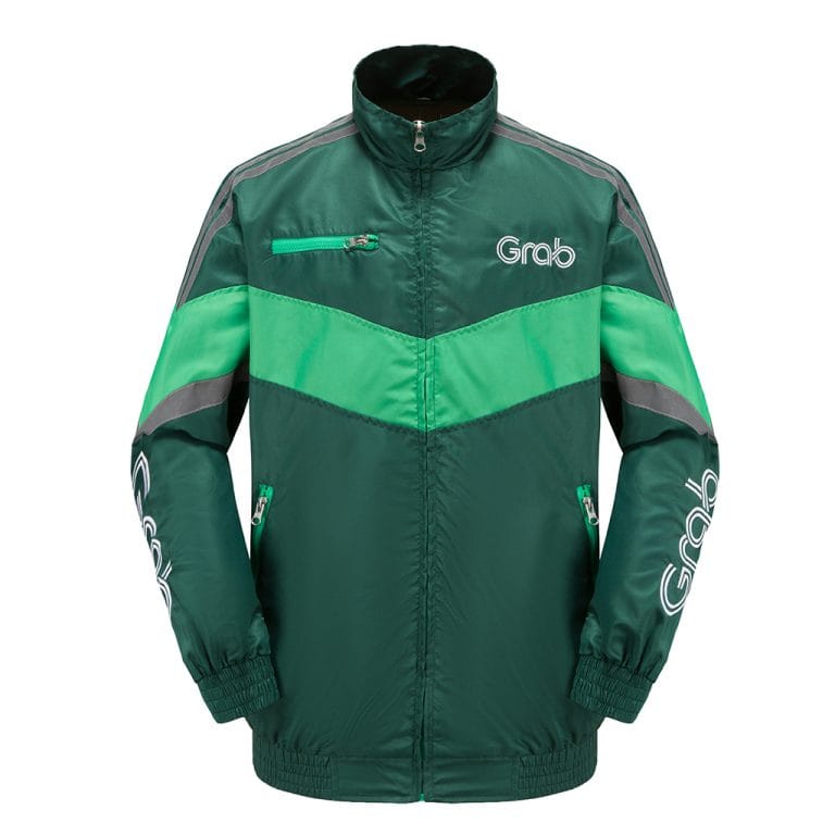 Chaqueta de uniforme Grab personalizada en verde brillante y verde oscuro con bolsillos con cremallera y logotipo bordado, ideal para uniformes de reparto o servicio. Ropa de trabajo elegante y funcional para diversos sectores.