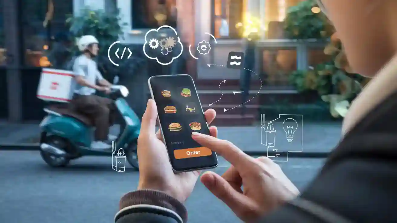 Modern person ordering fast food via smartphone with digital icons and graphics overlay, city street background.