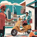 Delivering food uniforms for delivery drivers in China, featuring custom workwear for couriers and delivery personnel in an urban setting with modern skyscrapers and palm trees.