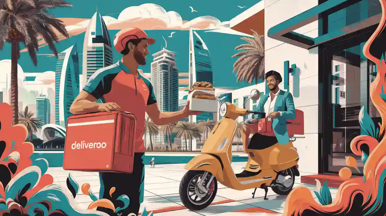 Delivering food uniforms for delivery drivers in China, featuring custom workwear for couriers and delivery personnel in an urban setting with modern skyscrapers and palm trees.