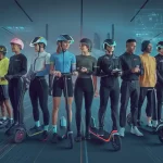 Futuristic group of diverse people wearing smart casual and protective gear with hoverboards and scooters, set in a high-tech digital environment.