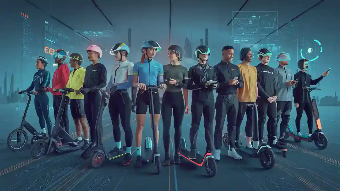 Futuristic group of diverse people wearing smart casual and protective gear with hoverboards and scooters, set in a high-tech digital environment.