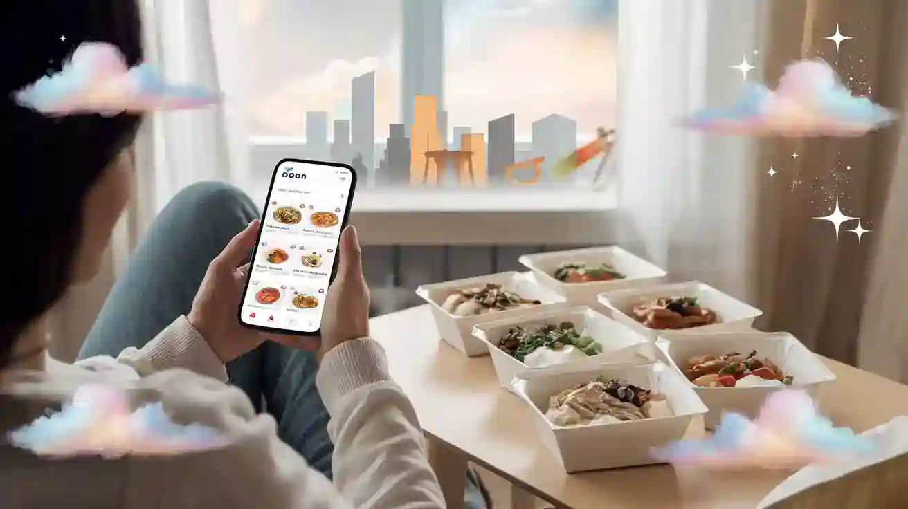 Chinese food delivery app on smartphone with multiple takeout containers on table and city skyline background - custom clothing uniforms china manufacturer.