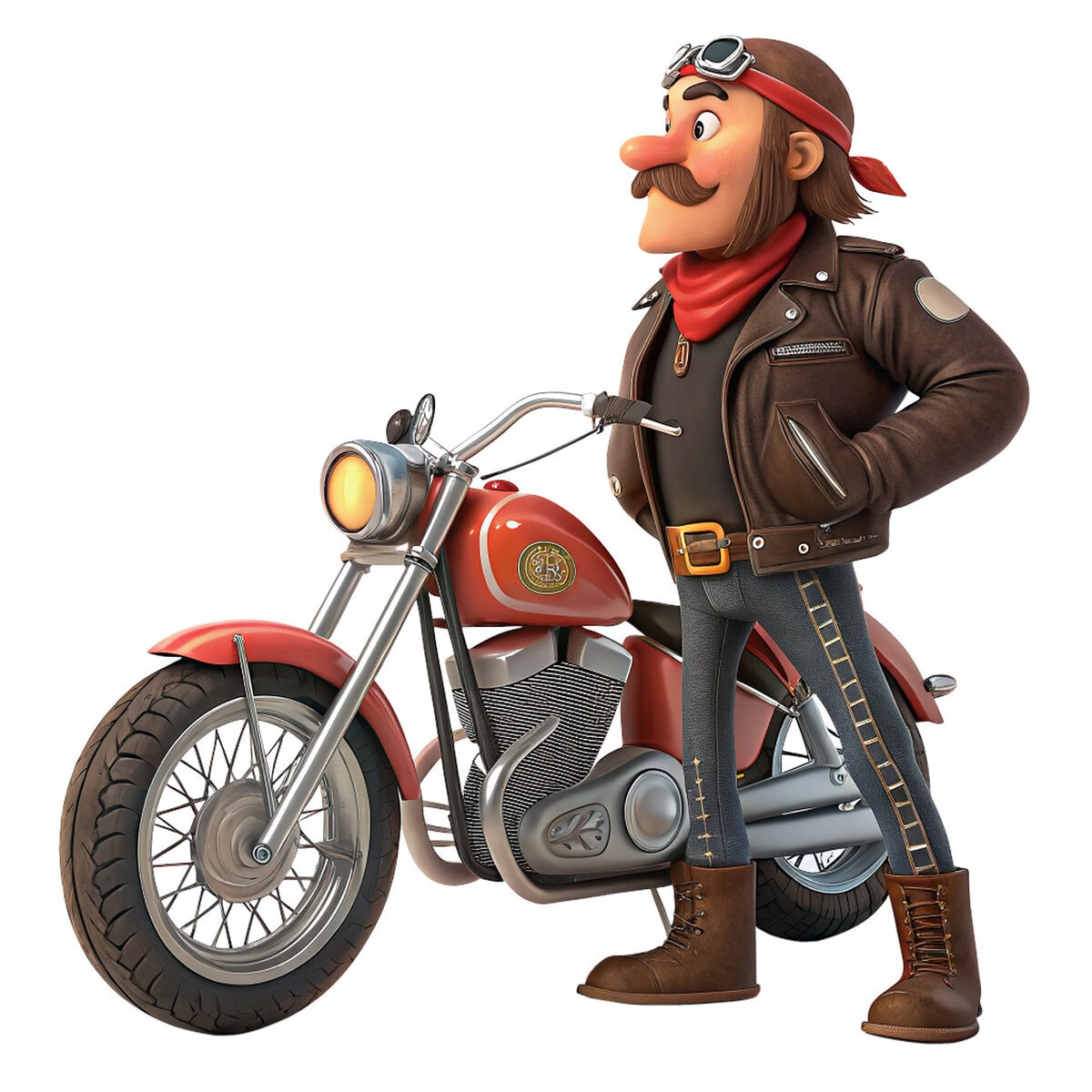 Vintage motorcycle rider cartoon character wearing leather jacket, goggles, red bandana, and jeans, standing beside a red cruiser motorcycle.