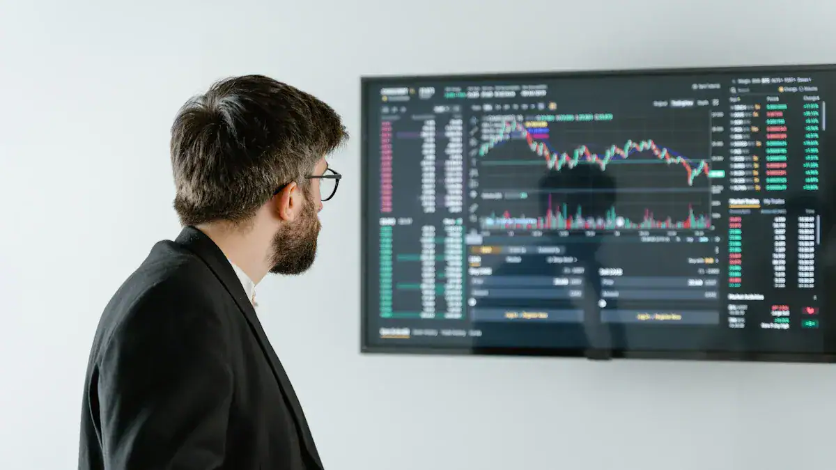Chart analysis of stock market trends on a digital screen.
