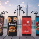 Careem food delivery, Talabat, Deliveroo, noon app icons on smartphones with delivery arrows, showcasing diverse food ordering services for online meal delivery in Dubai and Middle East regions, against Dubai skyline and palm trees background.