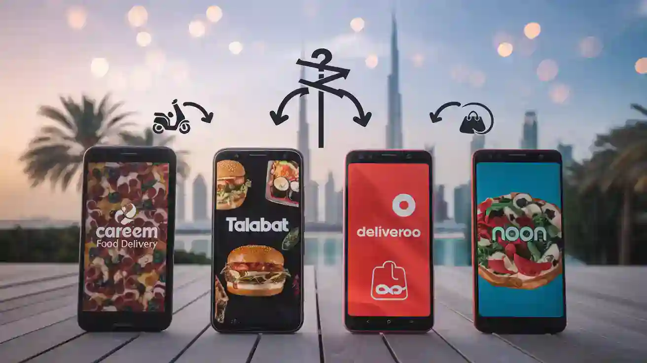 Careem food delivery, Talabat, Deliveroo, noon app icons on smartphones with delivery arrows, showcasing diverse food ordering services for online meal delivery in Dubai and Middle East regions, against Dubai skyline and palm trees background.