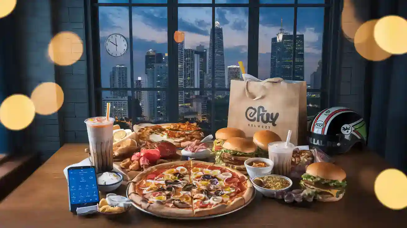 Delicious pizza and fast food spread on a table with city skyline view at dusk, including burgers, fries, drinks, and desserts, perfect for a casual dining experience or delivery service promotion.