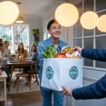 Vibrant delivery person handing over a grocery bag filled with fresh produce to a smiling recipient indoors during daytime.