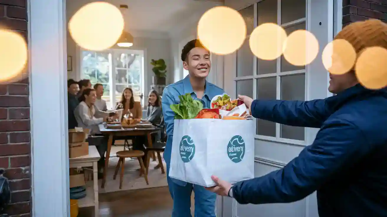 Vibrant delivery person handing over a grocery bag filled with fresh produce to a smiling recipient indoors during daytime.