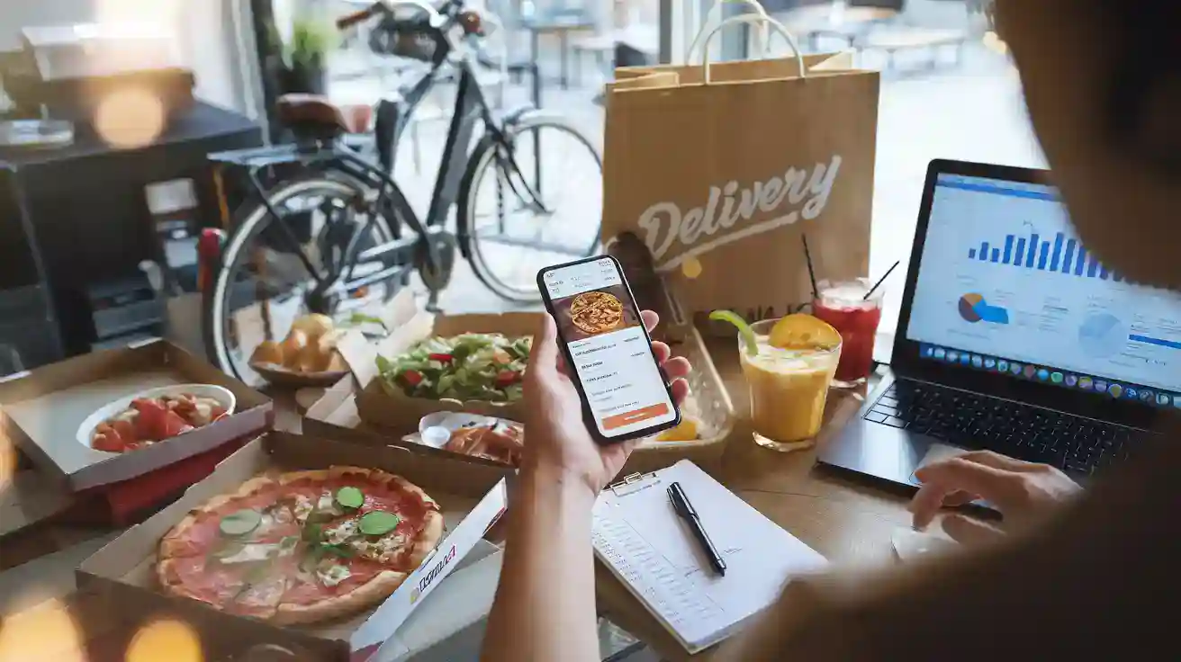 Delivery order food on smartphone at café, with pizza and drinks on wooden table, laptop showing sales data, and bicycle outside window, representing quick service and modern food delivery.