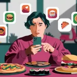 A young man looking confused while using his phone with various fast food emojis floating above him.