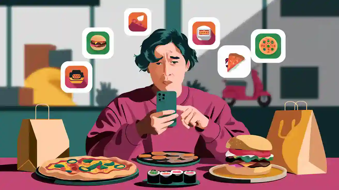 A young man looking confused while using his phone with various fast food emojis floating above him.