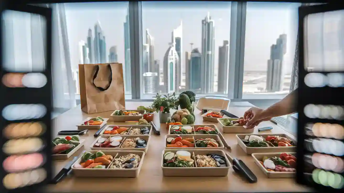Freshly prepared bento boxes with colorful vegetables and healthy ingredients on a dining table in a modern city office.