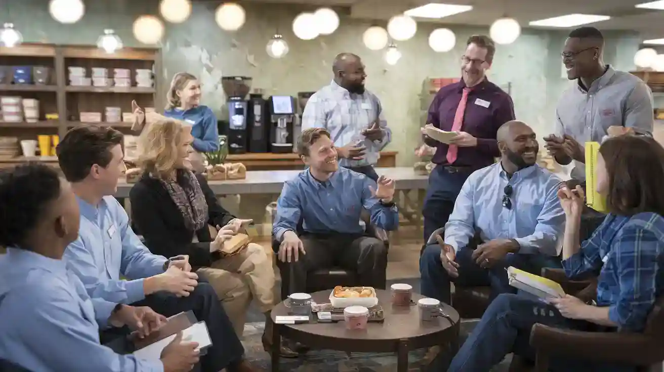 Comfortable workplace meeting with diverse team members wearing custom uniforms in a modern coffee shop, engaging in a lively discussion.