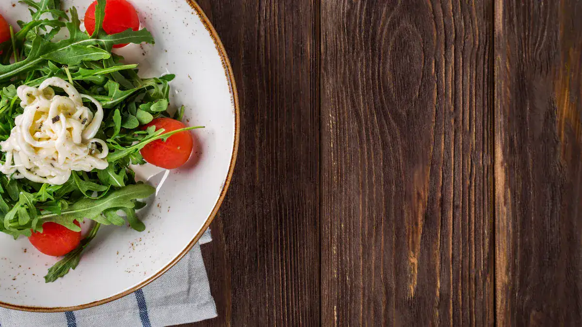 Fresh arugula and cherry tomato salad with cheese on a white plate, placed on a rustic wooden table. Perfect for healthy, homemade meals and salads.
