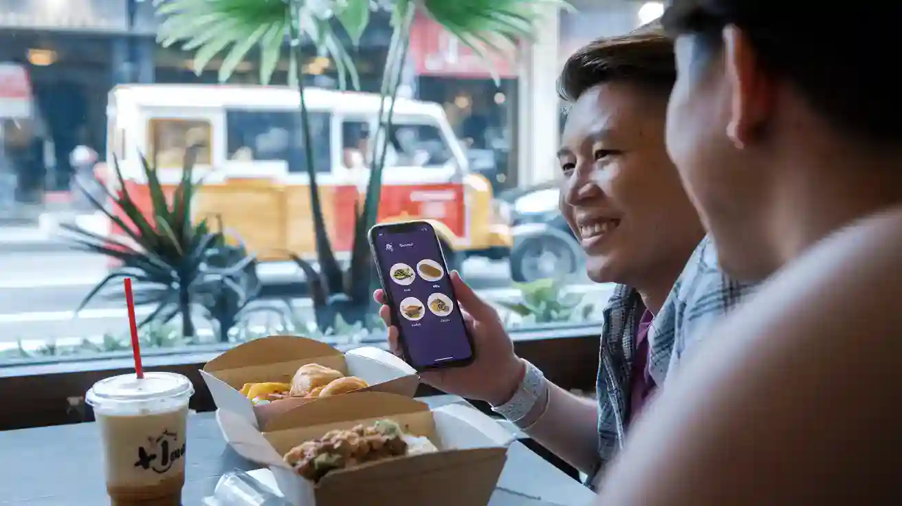 Modern couple enjoying takeout food at a trendy cafe, with one person showing a smartphone with food images on the screen, showcasing casual dining experience.