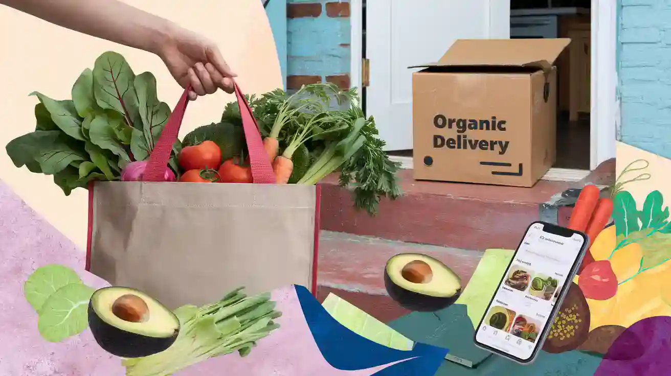 Organic delivery of fresh vegetables and avocados from local farms to consumers' doorsteps for healthy eating and eco-friendly shopping.