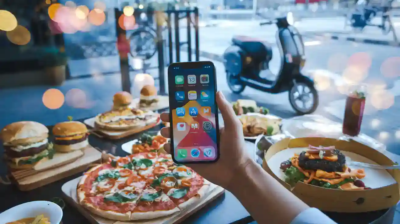 Soft lighting with bokeh effects, showcasing a variety of fast-food dishes like burgers, pizza, and pasta on a restaurant table, while a hand holds a smartphone near the window.
