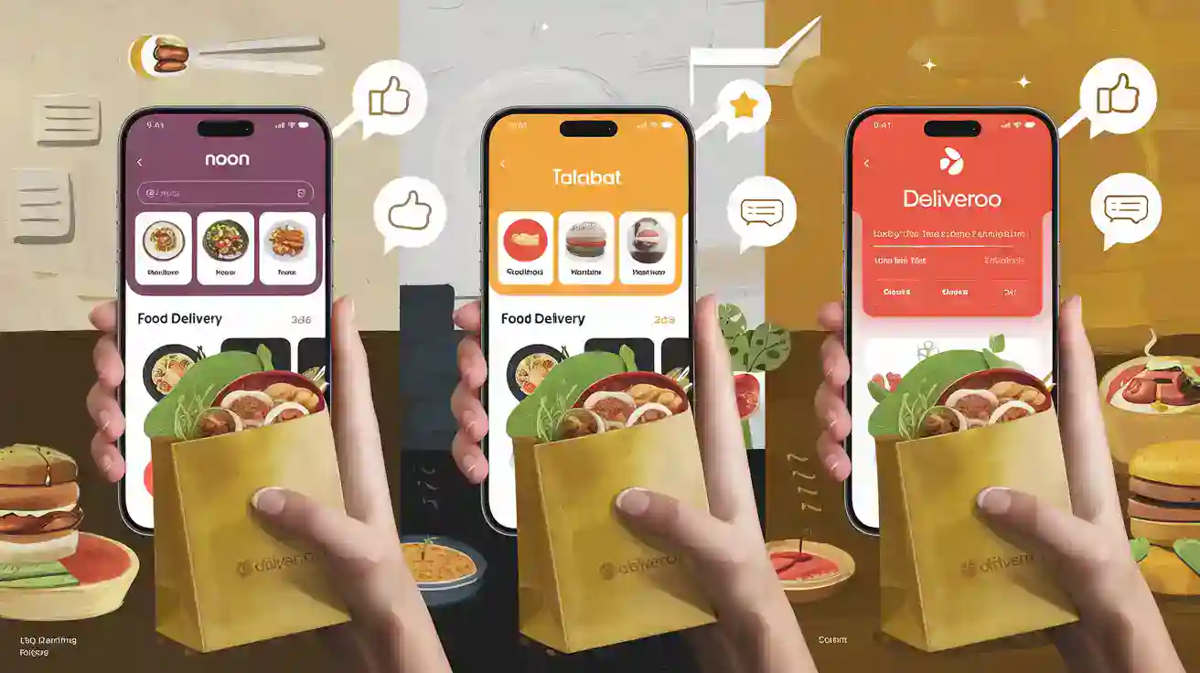 واجهات تطبيقات توصيل الطعام على الهواتف الذكية مع حزم وأيقونات الطعام، والتي تمثل خدمات طلب الطعام وتوصيله عبر الإنترنت.