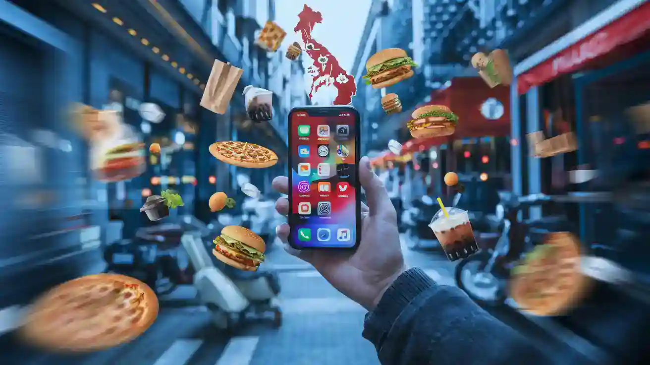 Vibrant street scene with a hand holding a smartphone surrounded by floating fast food items like pizza, burgers, fries, and drinks in an urban environment.