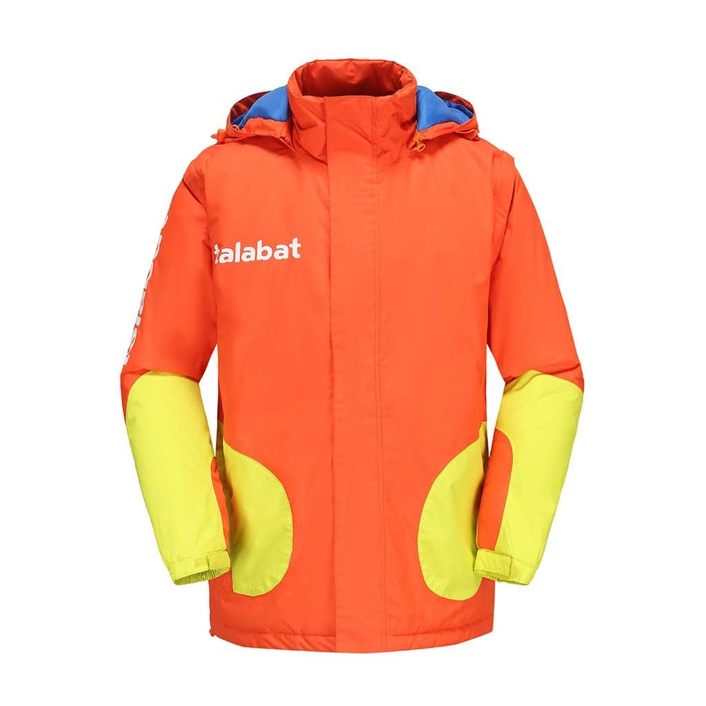 Bright orange safety jacket with yellow reflective patches, hood, and branding from Talabat, designed for high visibility and durability in outdoor or industrial work environments.