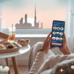 Food delivery app order on smartphone with breakfast in the background, colorful whimsical cloud and star decorations, cozy morning scene, city skyline view from window.