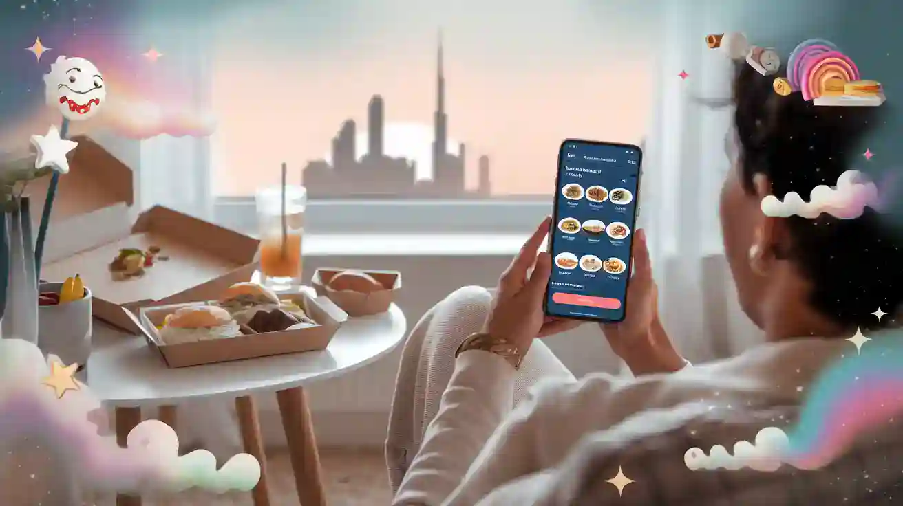 Food delivery app order on smartphone with breakfast in the background, colorful whimsical cloud and star decorations, cozy morning scene, city skyline view from window.