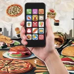 Mobile phone with food app icons over a paper cutout pizza, sandwiches, and fast-food items on a table with a city skyline background.