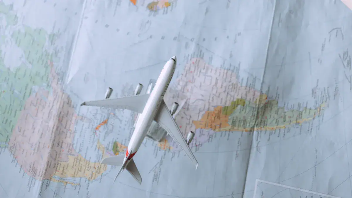 Miniature airplane model flying over a world map, symbolizing global travel and logistics. Perfect for travel industry connections, logistics services, or international business themes.