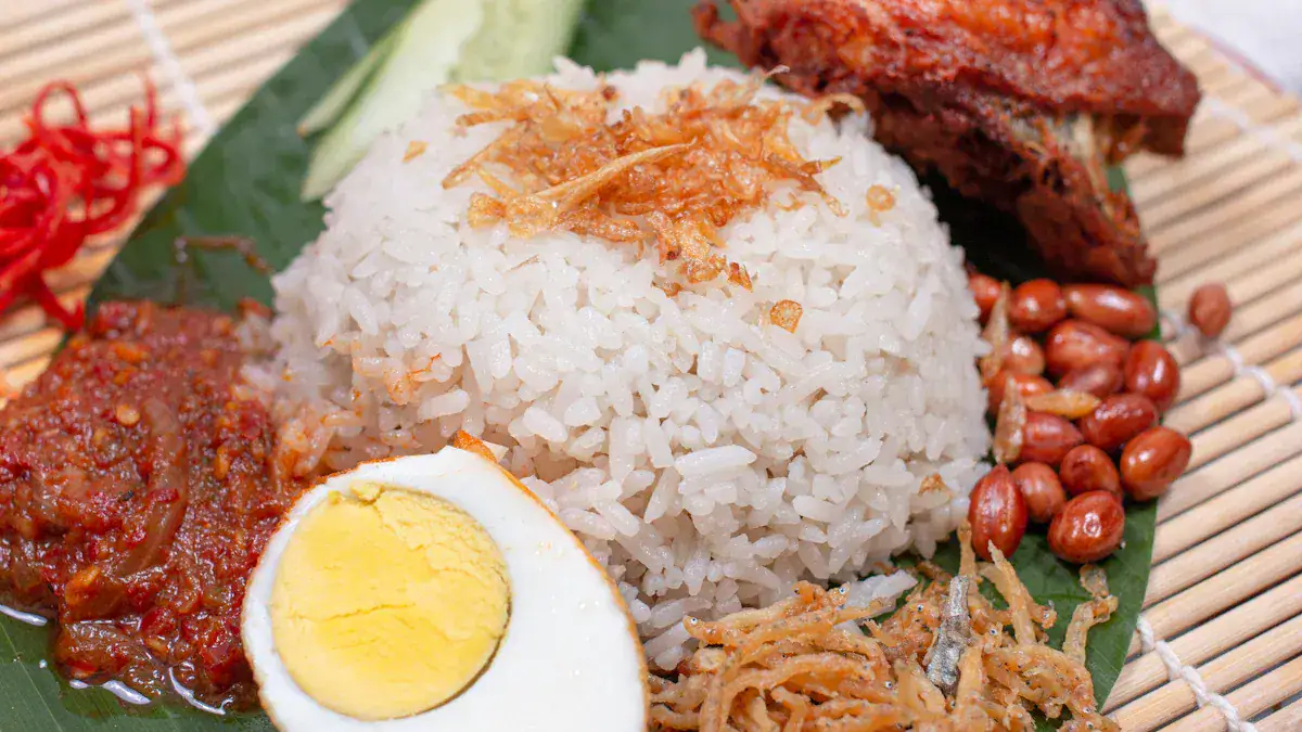 Steamed white rice served with spicy sambal, boiled egg, fried chicken, peanuts, and shredded fish; traditional Asian cuisine in a colorful presentation.