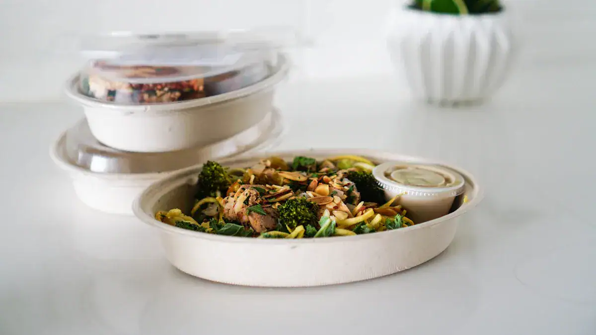 Roasted chicken salad with broccoli, nuts, and dressing in eco-friendly takeout container on white surface.