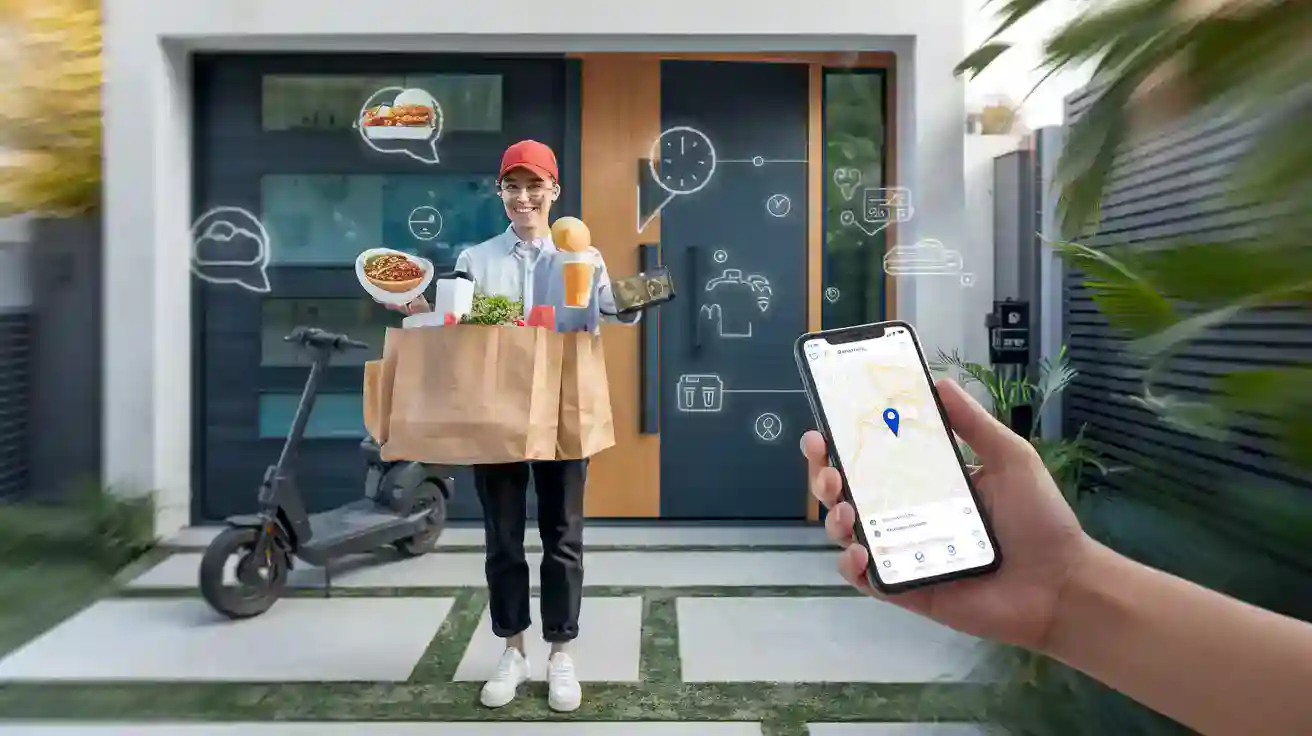 Freshly delivered food from a delivery person holding a paper bag outside a modern house with a scooter nearby, while a smartphone shows a delivery tracking app.