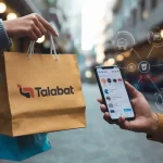 Online shopping transaction with Talabat app and digital icons representing e-commerce and delivery services.