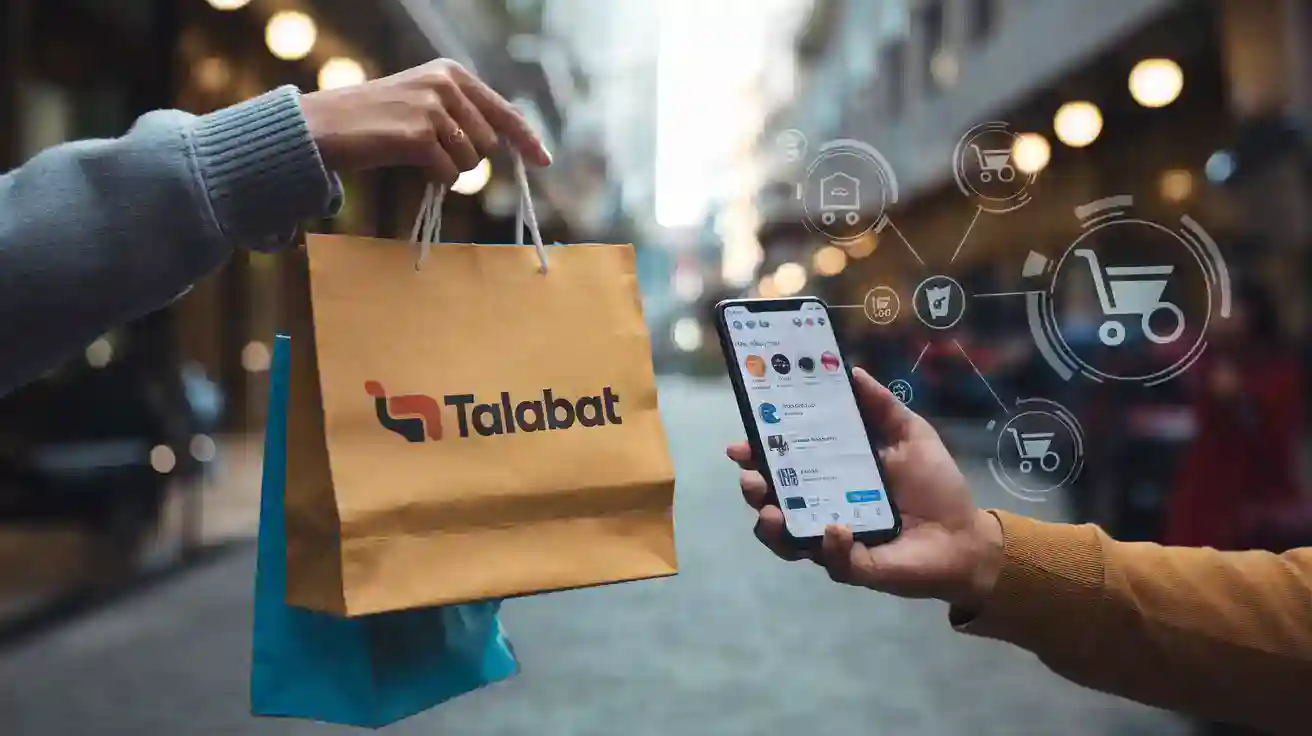Online shopping transaction with Talabat app and digital icons representing e-commerce and delivery services.
