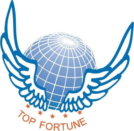 Amplio logotipo globular con alas y texto "Top Fortune", que representa a una marca mundial de fabricación de ropa con sede en China.