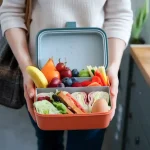 Fresh vegetable and fruit lunch box with sandwiches, eggs, and assorted produce, ready for a nutritious meal. Perfect for work or school lunch, featuring eco-friendly design and healthy food options.